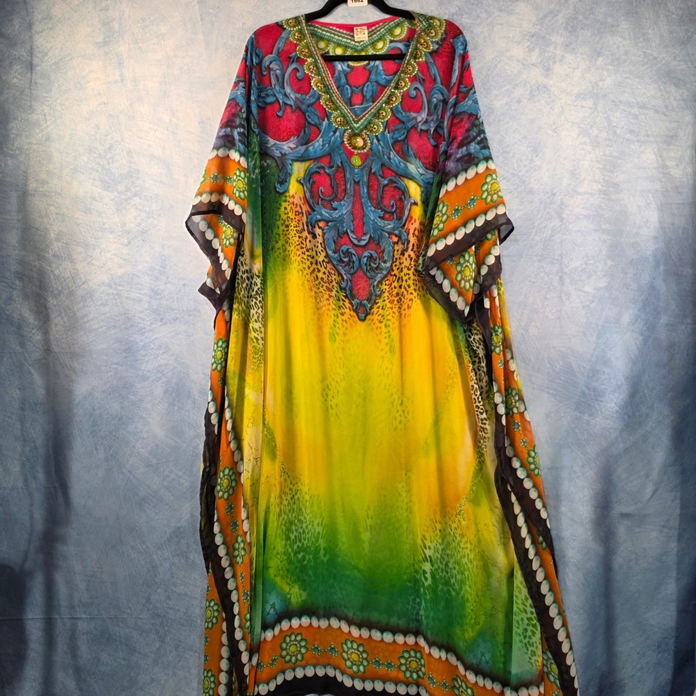 Creations Embellished Kaftan Maxi Dress Multi Color Boho Leopard Print Free Size